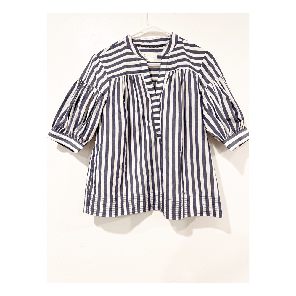 Anthropologie Striped Puff Sleeve Blouse Blue White Split Neck Pintuck Hem Small